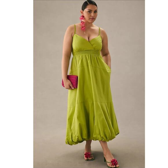 New By Anthropologie V-Neck Tiered Bubble-Hem Midi Dress $170 LARGE Green - Picture 5 of 8